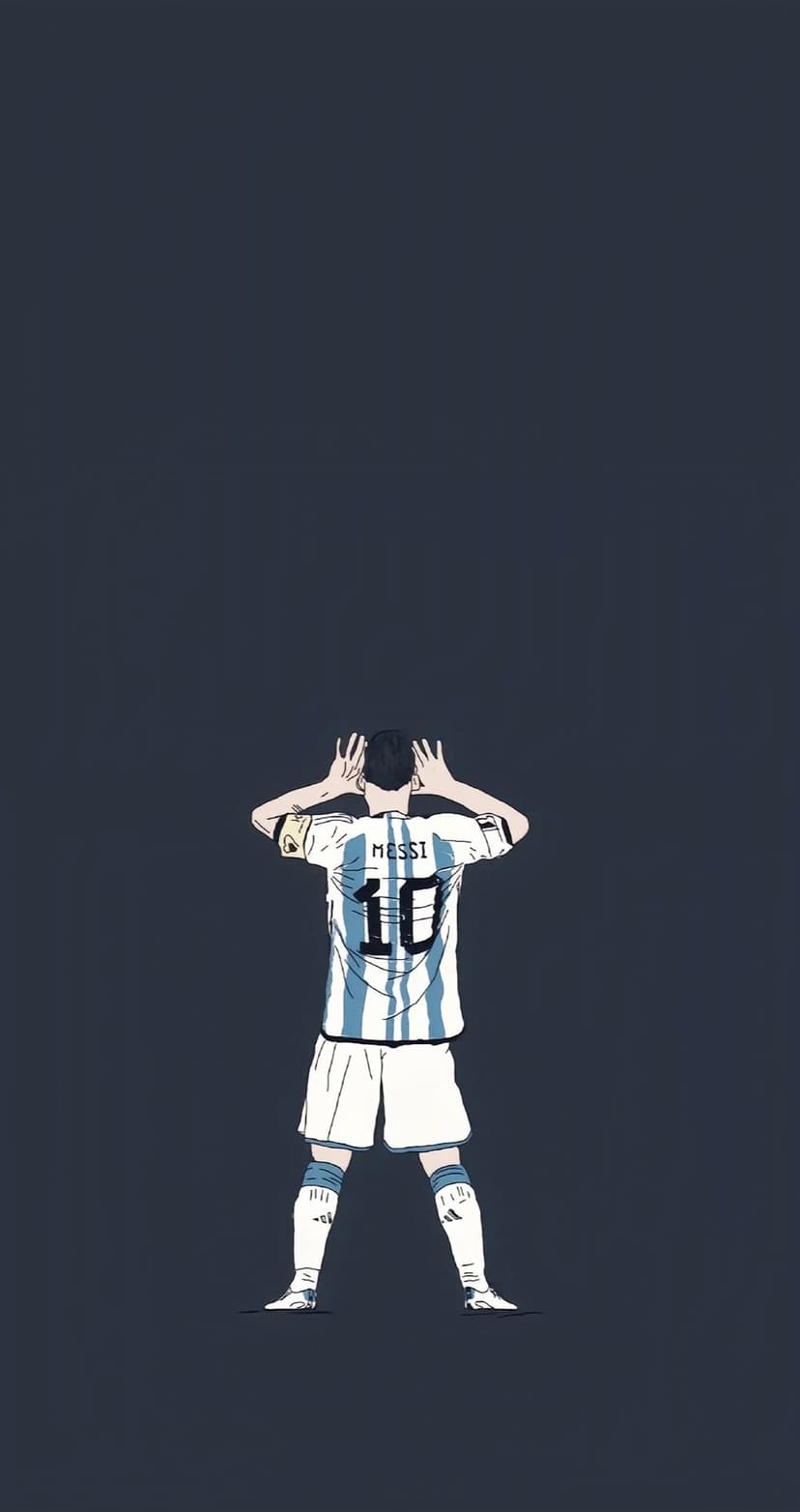 Lionel Messi in an Argentina jersey faces away with hands on his head against a dark, solid background.