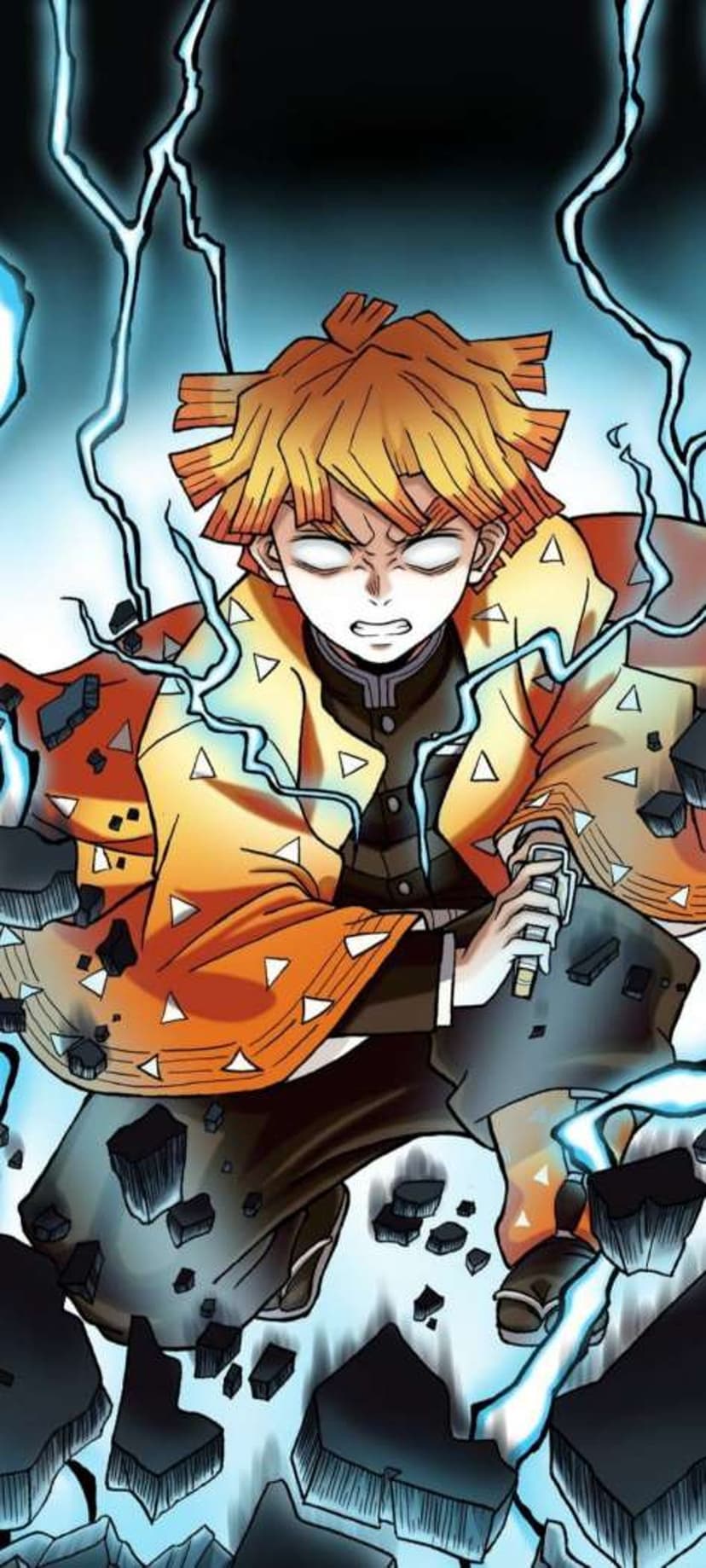 Zenitsu Agatsuma in a low crouch surrounded by crackling yellow lightning and flying stone debris during a strike.
