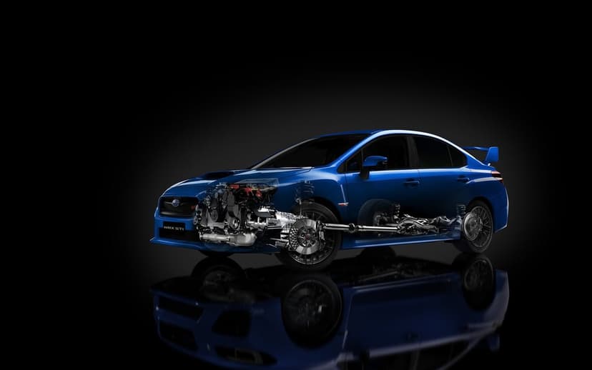 Blue Subaru WRX STI with a detailed mechanical cutaway view against a black reflective background.