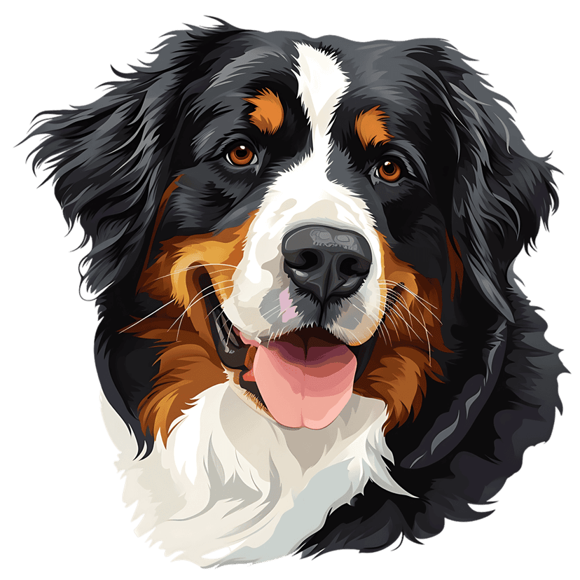 Bernese Mountain Dog portrait featuring a tri-color coat, brown eyes, and a happy expression on a white background.