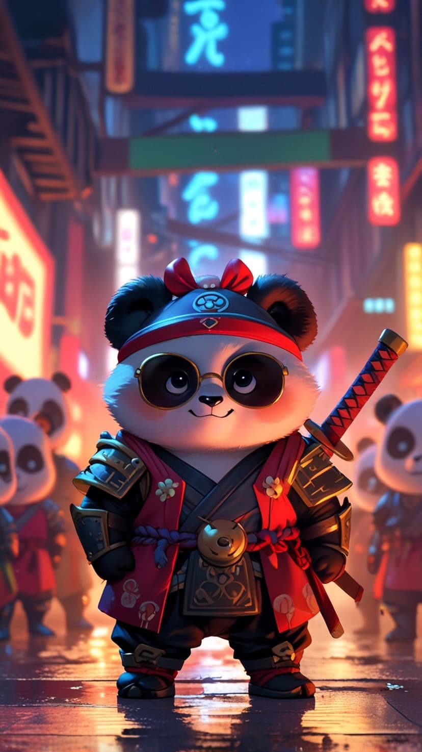 Panda in samurai armor with a katana stands in a glowing neon alleyway reflecting on wet asphalt at night.