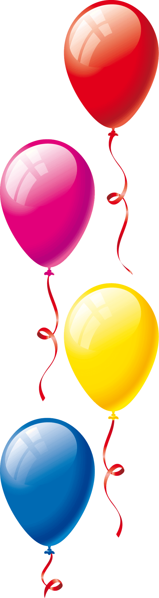 Four colorful balloons in red, blue, yellow, and green feature reflective highlights and thin strings below.