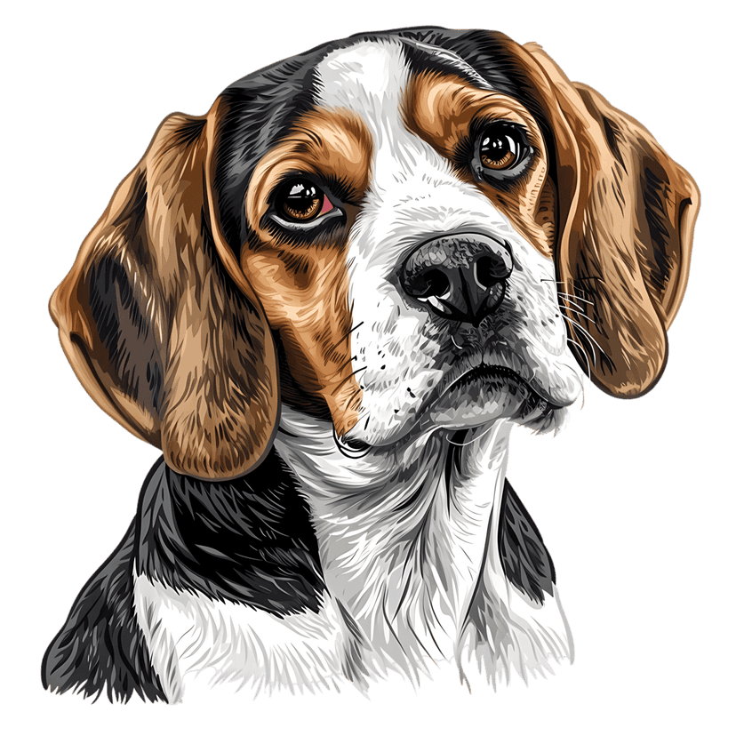 Beagle dog portrait featuring detailed tri-color fur, expressive brown eyes, and floppy ears on a plain background.