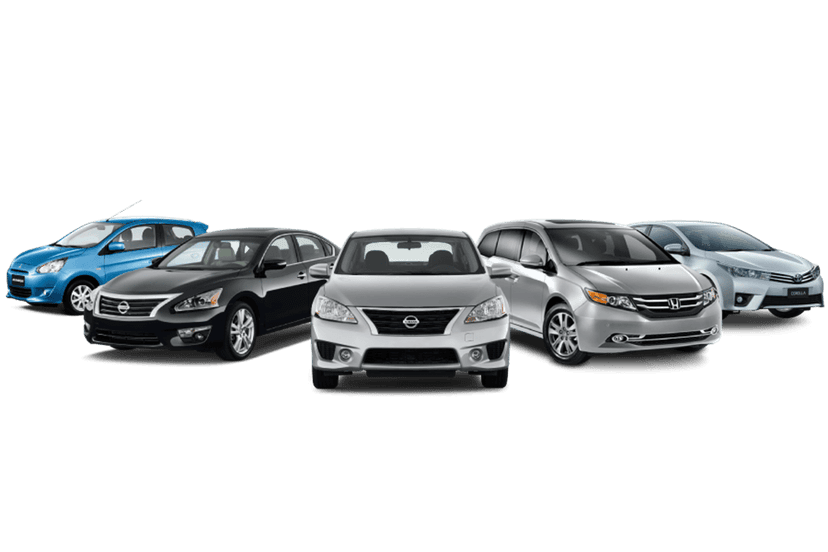 Compact sedan and white delivery van side profile icons rendered in a clean flat vector illustration style.