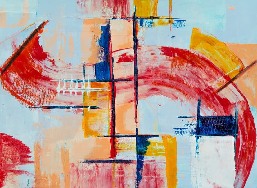 Red, blue, and yellow abstract brushstrokes with geometric lines on a soft peach and pale blue background.