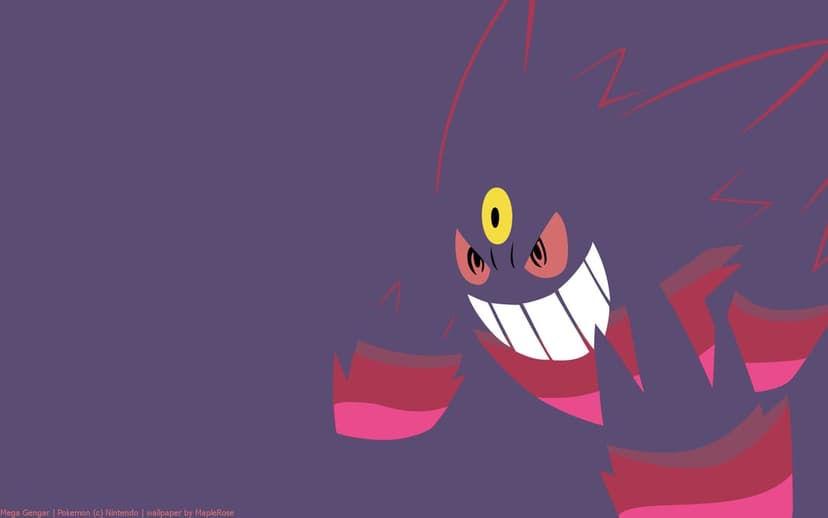 Mega Gengar grinning with white teeth and a yellow third eye on a dark purple minimalist background.