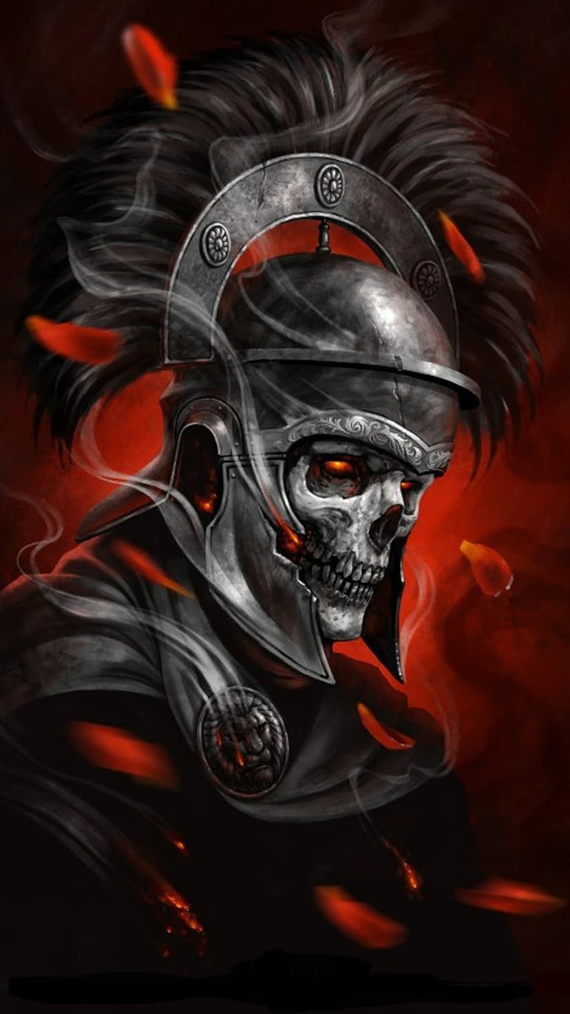 Skeleton warrior in Roman legionary armor with glowing red eyes and a plumed helmet surrounded by red petals.
