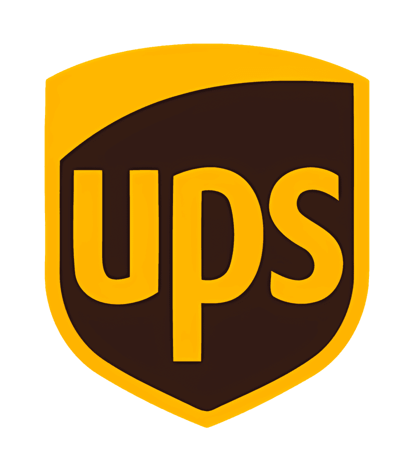 UPS logo shield in brown and gold with serif typography centered on a transparent background for clear display.