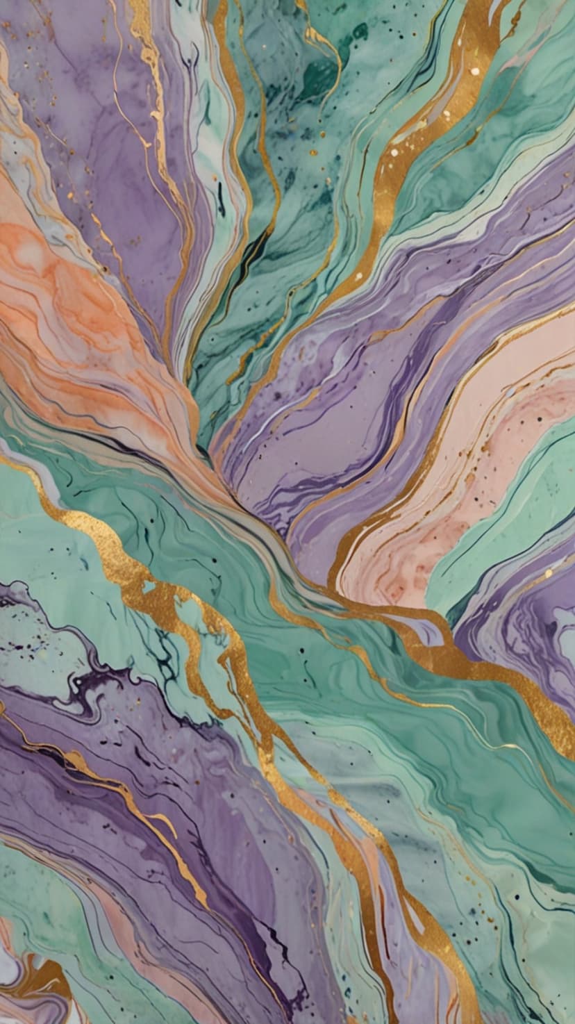 Swirling pastel purple, mint green, and peach marble patterns with intricate shimmering gold metallic veins.