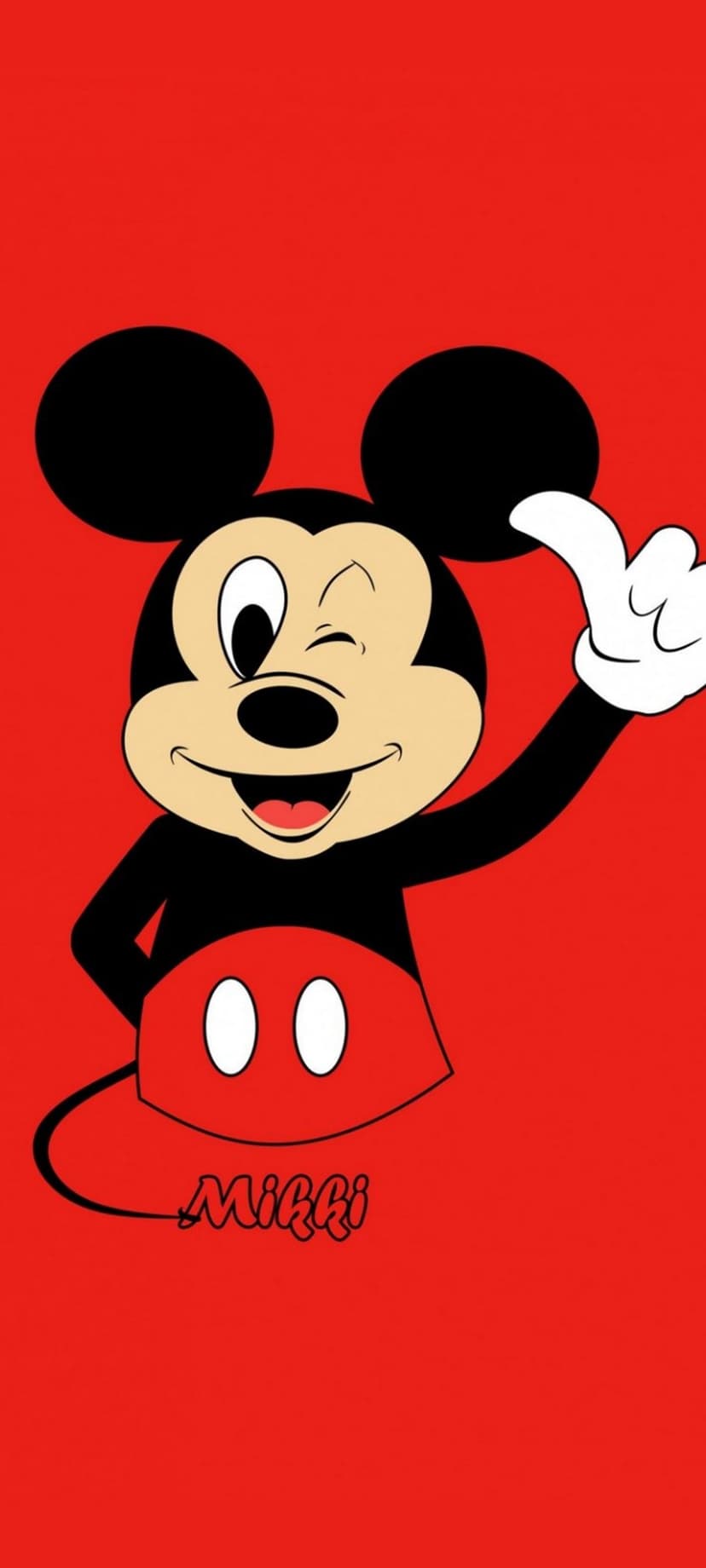 Mickey Mouse winking and giving a thumbs up in red shorts against a red background with stylized Mikki text.