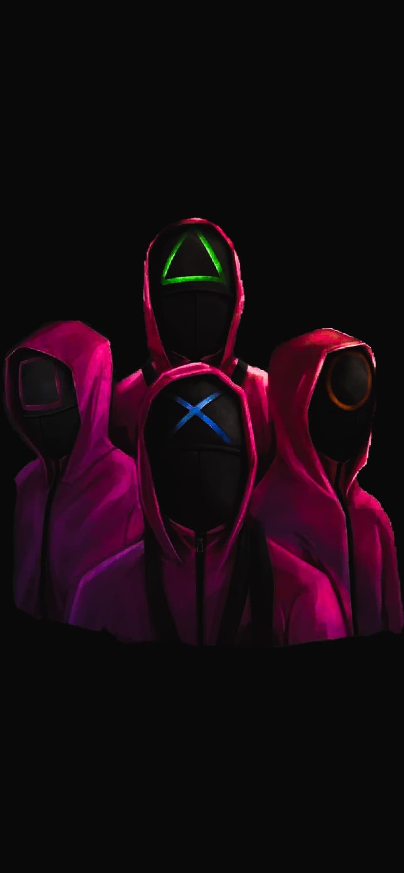 Three masked guards in pink suits stand in darkness with glowing neon green, blue, and orange face symbols.