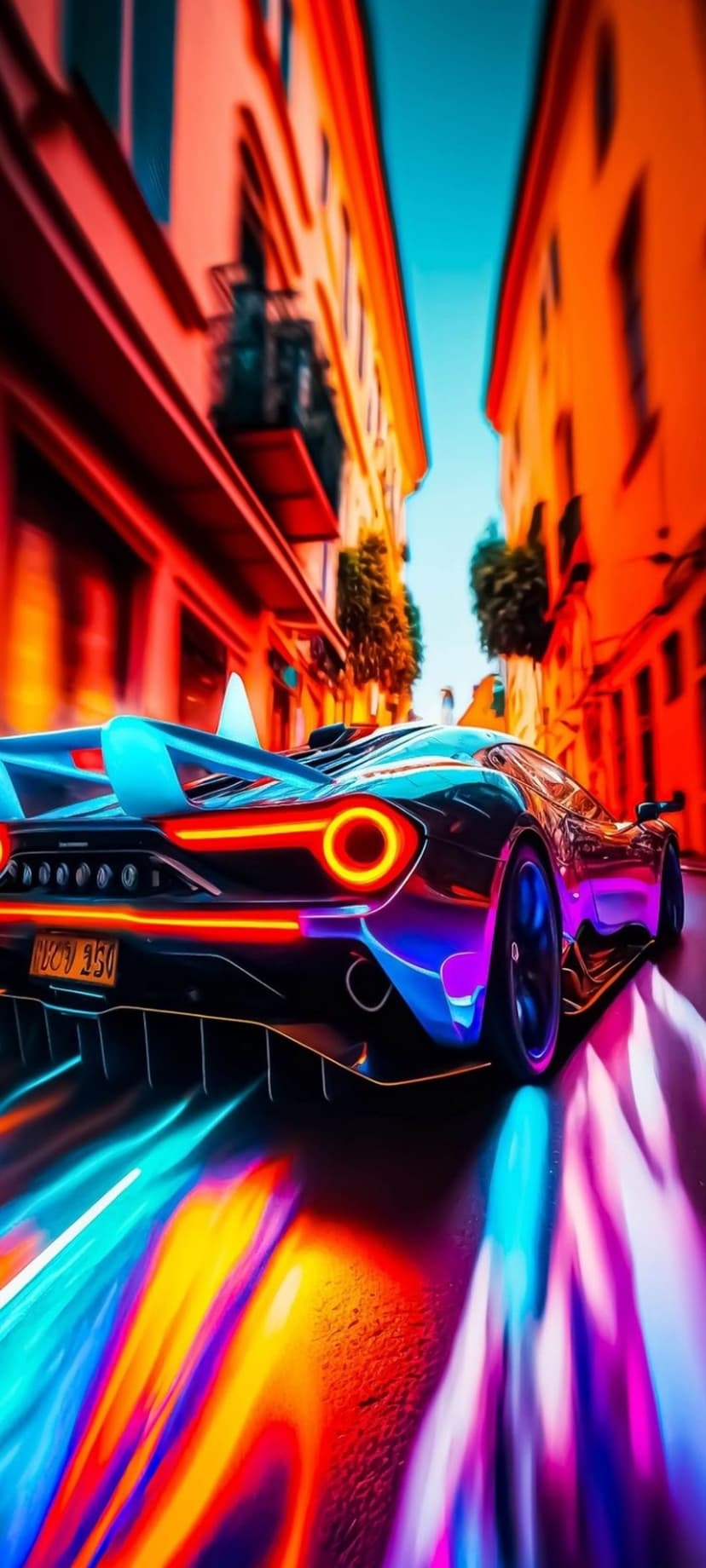 Neon-lit supercar speeds down a wet city street between glowing skyscrapers with vivid light trails and motion blur.