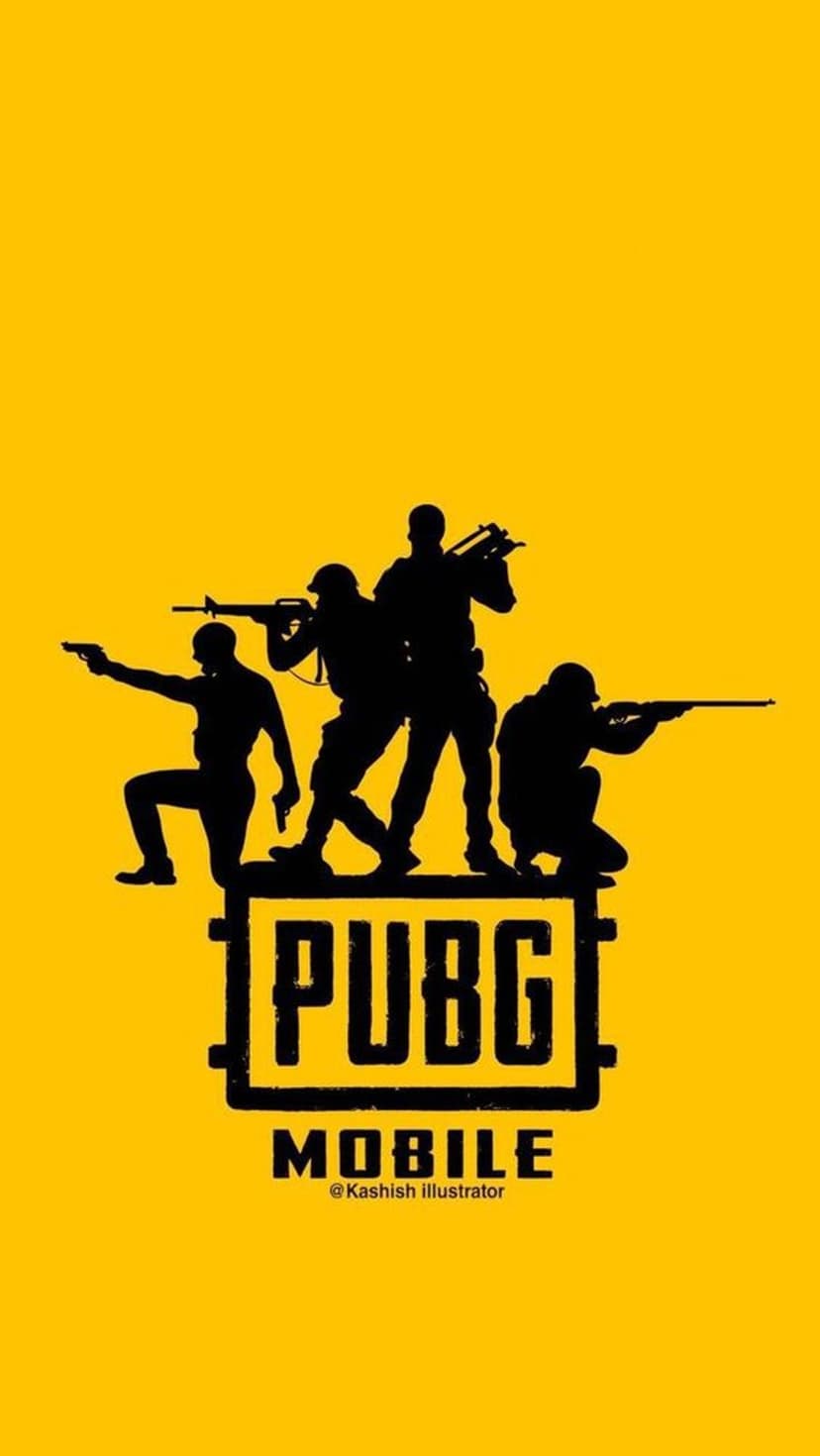 Black soldier silhouettes in combat poses against a bright yellow background with the PUBG Mobile logo at center.