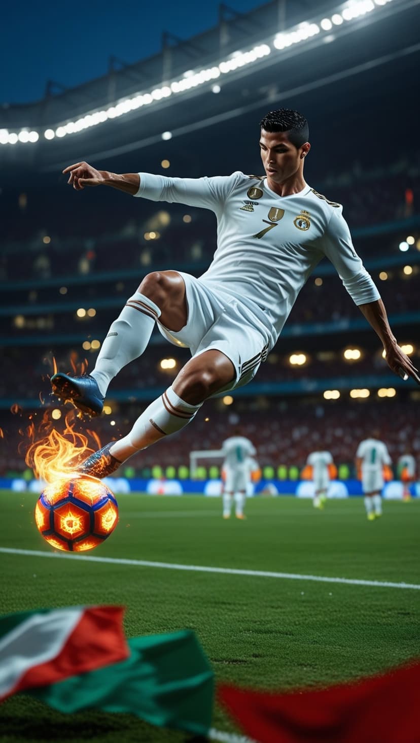 Cristiano Ronaldo kicks a flaming soccer ball mid-air in a stadium with blurry players and flags background.