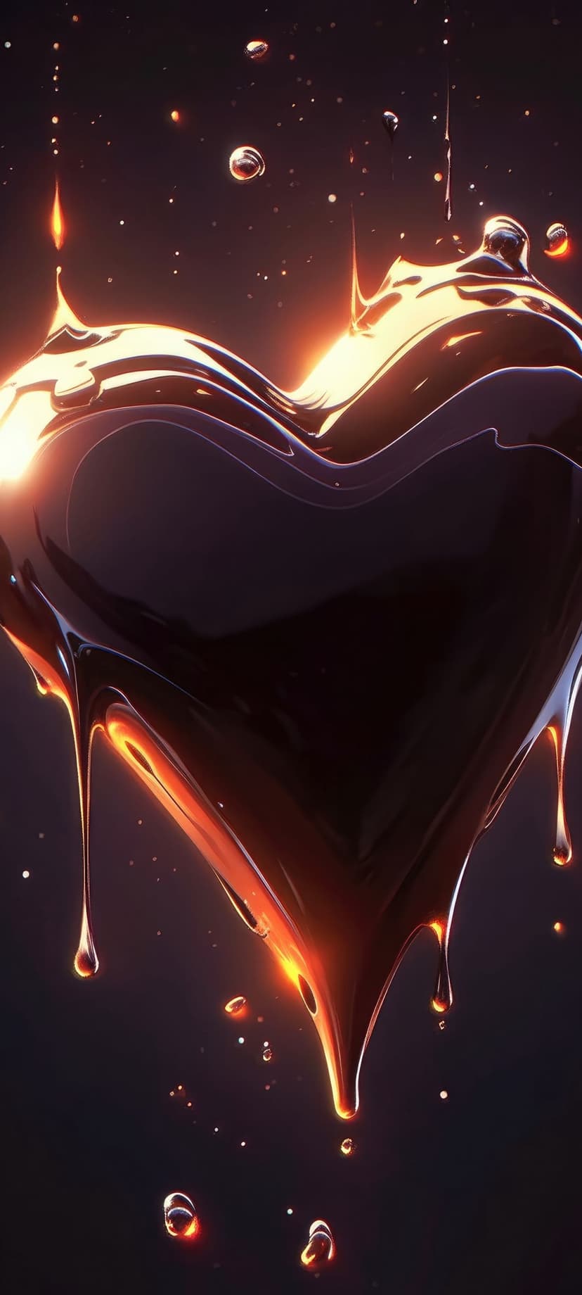 Heart-shaped molten gold mass dripping viscous liquid against a dark background filled with distant white stars.
