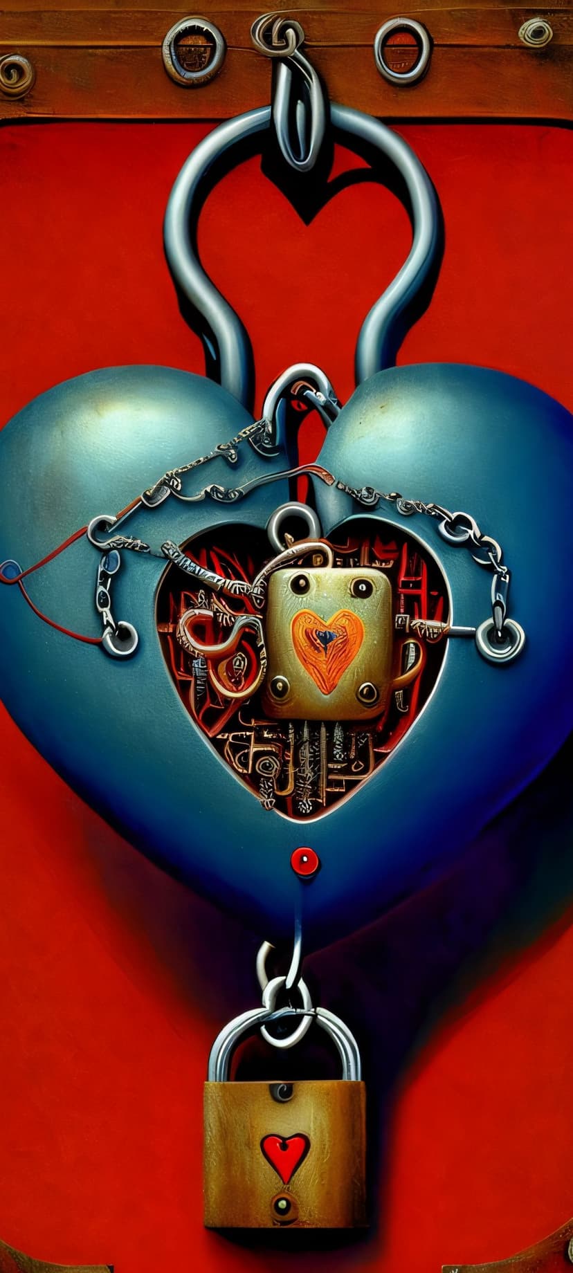 Mechanical heart lock with rotating brass gears and heavy iron chains glows against a textured crimson backdrop.