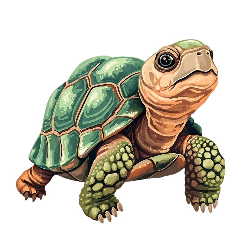 Green shell turtle character illustration featuring large eyes and textured scales on a transparent background.