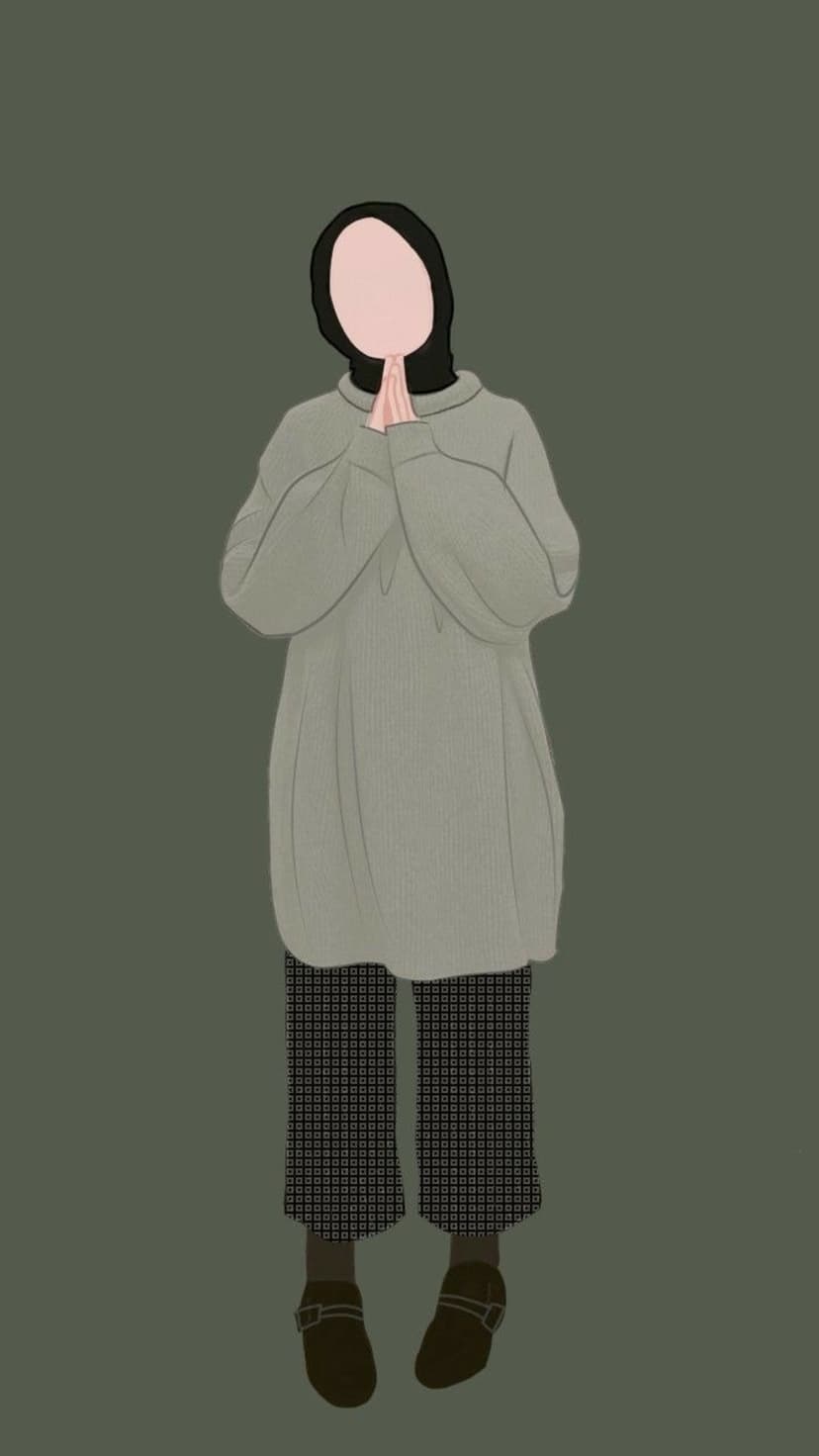 Woman in a black hijab and gray knit sweater with hands clasped in prayer against a muted green background.