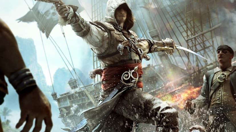 Hooded pirate assassin aiming a flintlock pistol during a naval battle on a wooden ship with smoke and sails.