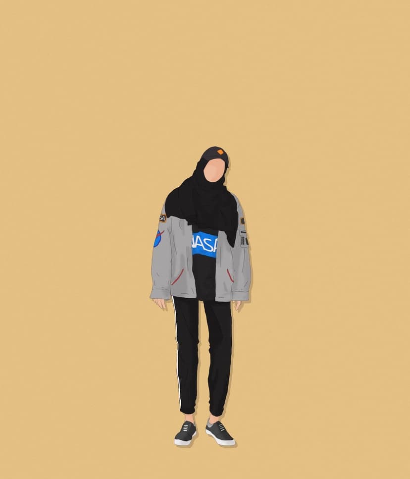 Muslim woman wearing a black hijab and NASA bomber jacket stands confidently against a solid yellow background.