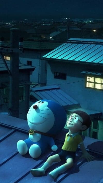 Doraemon and Nobita stargazing on rooftops at night