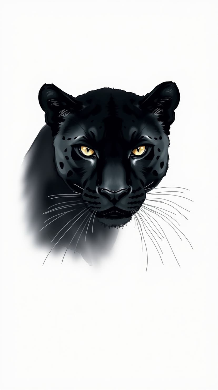 Black panther with bright yellow eyes and long white whiskers stares forward against a plain white background.
