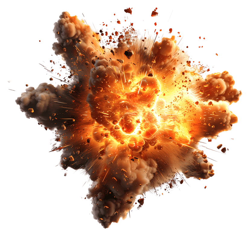 Fiery explosion illustration featuring billowing grey smoke clouds and bright orange core with glowing embers.