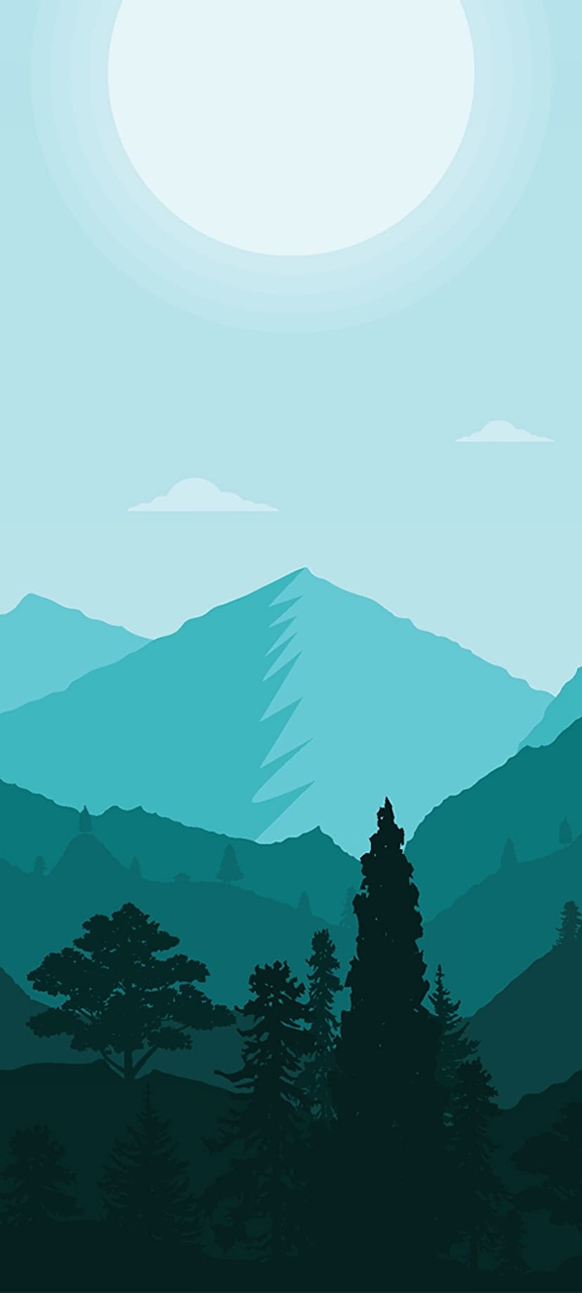 Teal mountain ranges layered behind silhouetted evergreen trees under a soft, glowing sunrise and pale sky.