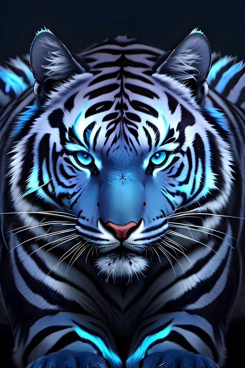 White tiger with glowing blue stripes and eyes emerges from a black background, focusing on its face and ears.