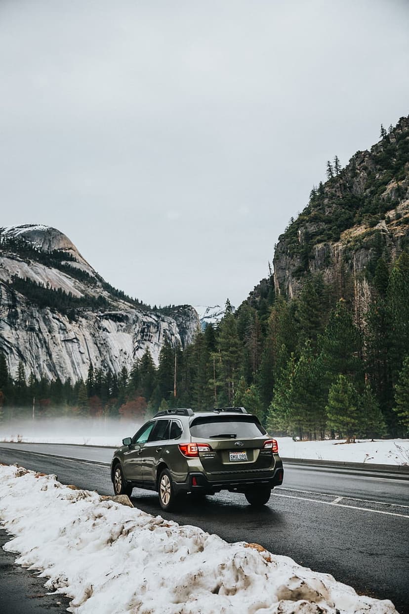 Green Subaru Outback on a snowy Yosemite road with towering granite cliffs and pine trees under a gray sky.