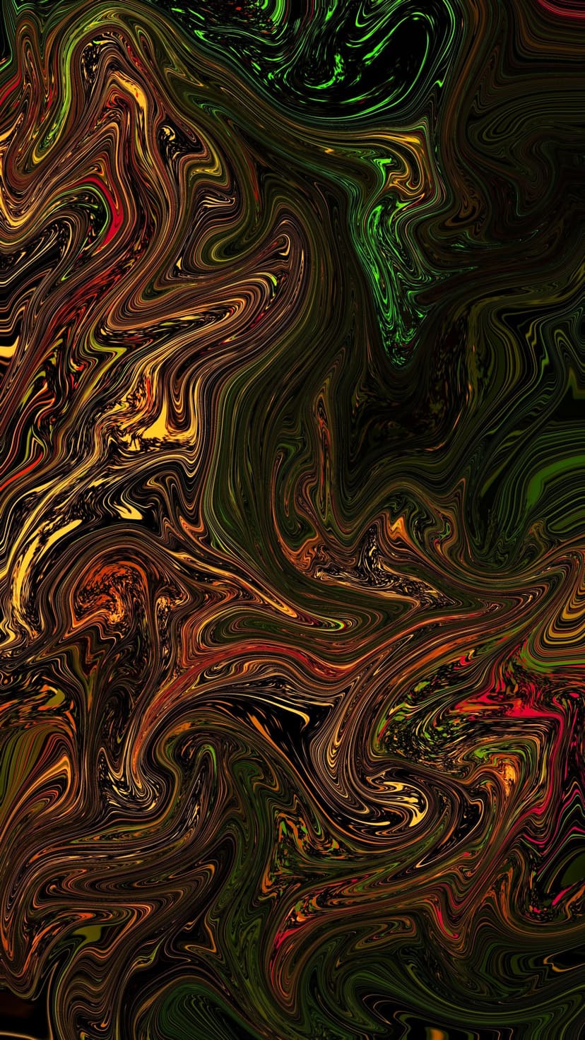 Swirling patterns of brown, olive green, and yellow mimic the organic texture of polished wood and liquid marble.