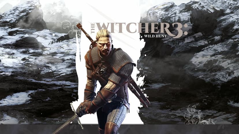 Geralt of Rivia in chainmail armor holds a sword against a snowy mountain backdrop in The Witcher 3.