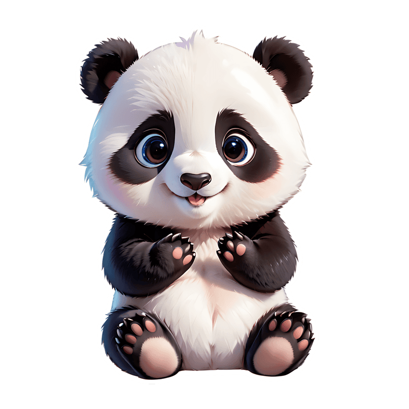 Baby panda sticker illustration with glossy blue eyes and soft black and white fur sitting in a front pose.