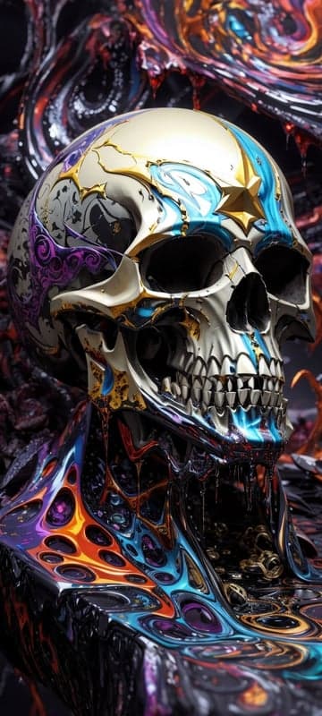 Surreal Metallic Skull with Psychedelic Drips