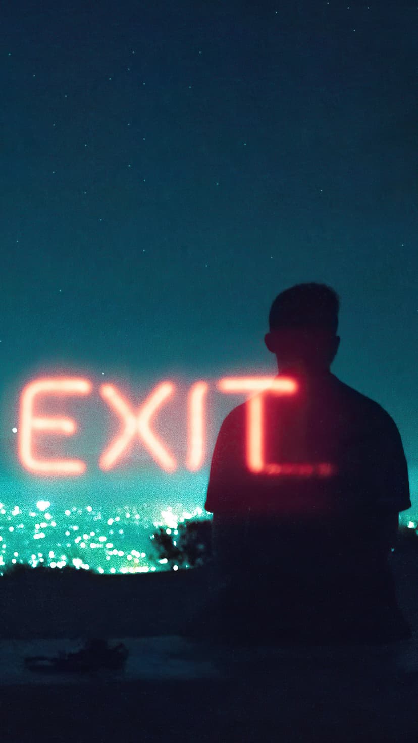 Red neon EXIT sign glowing next to a person's silhouette against a starry night sky and distant city lights.
