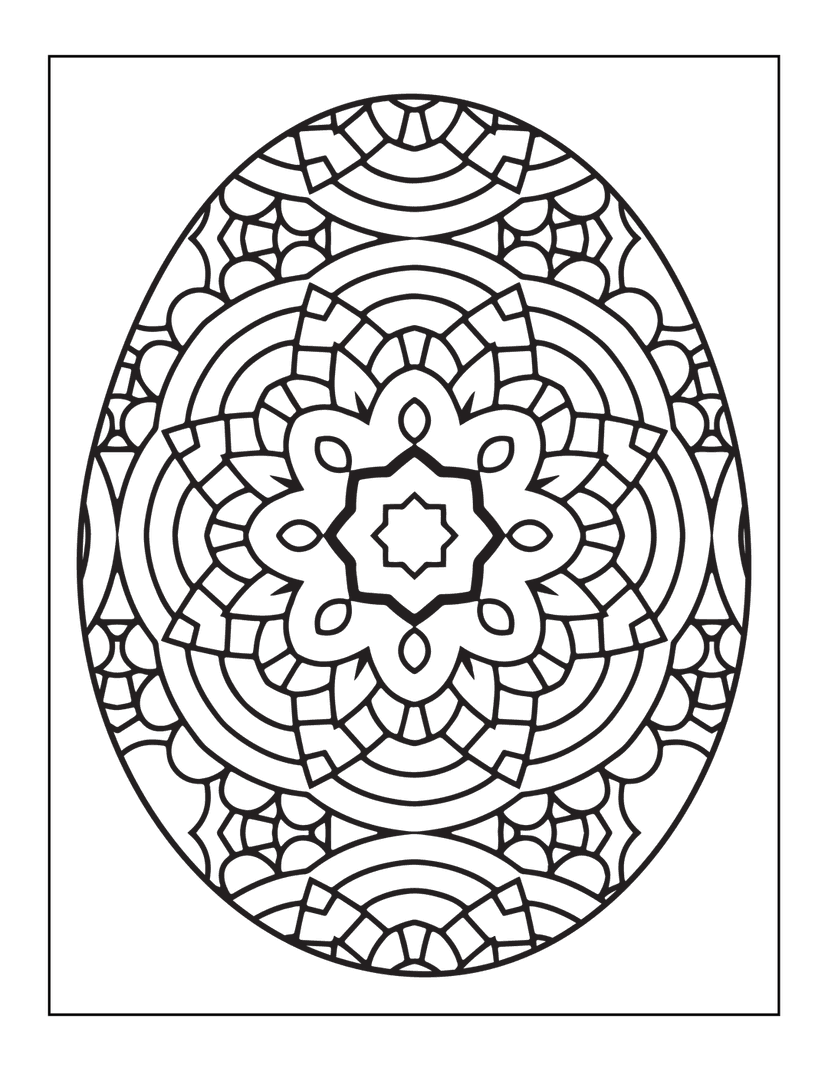 Mandala Easter egg silhouette features black geometric patterns and floral symmetry on a white egg-shaped canvas.