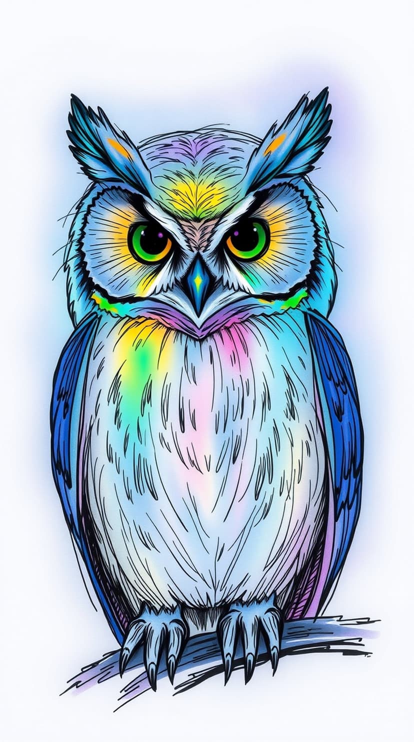 Owl with neon rainbow feathers and golden eyes sits on a branch surrounded by colorful watercolor paint splatters.