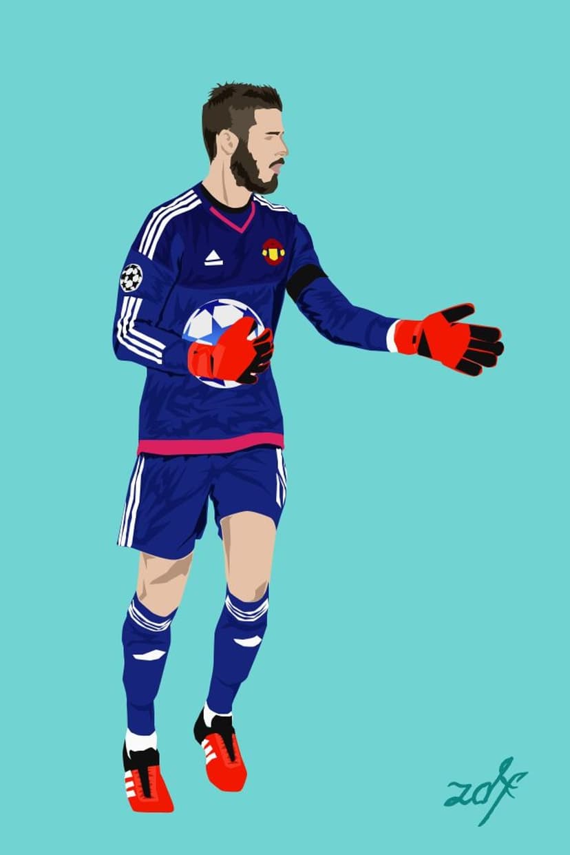 David de Gea holds a football in his Manchester United away jersey over a minimalist solid light blue background.