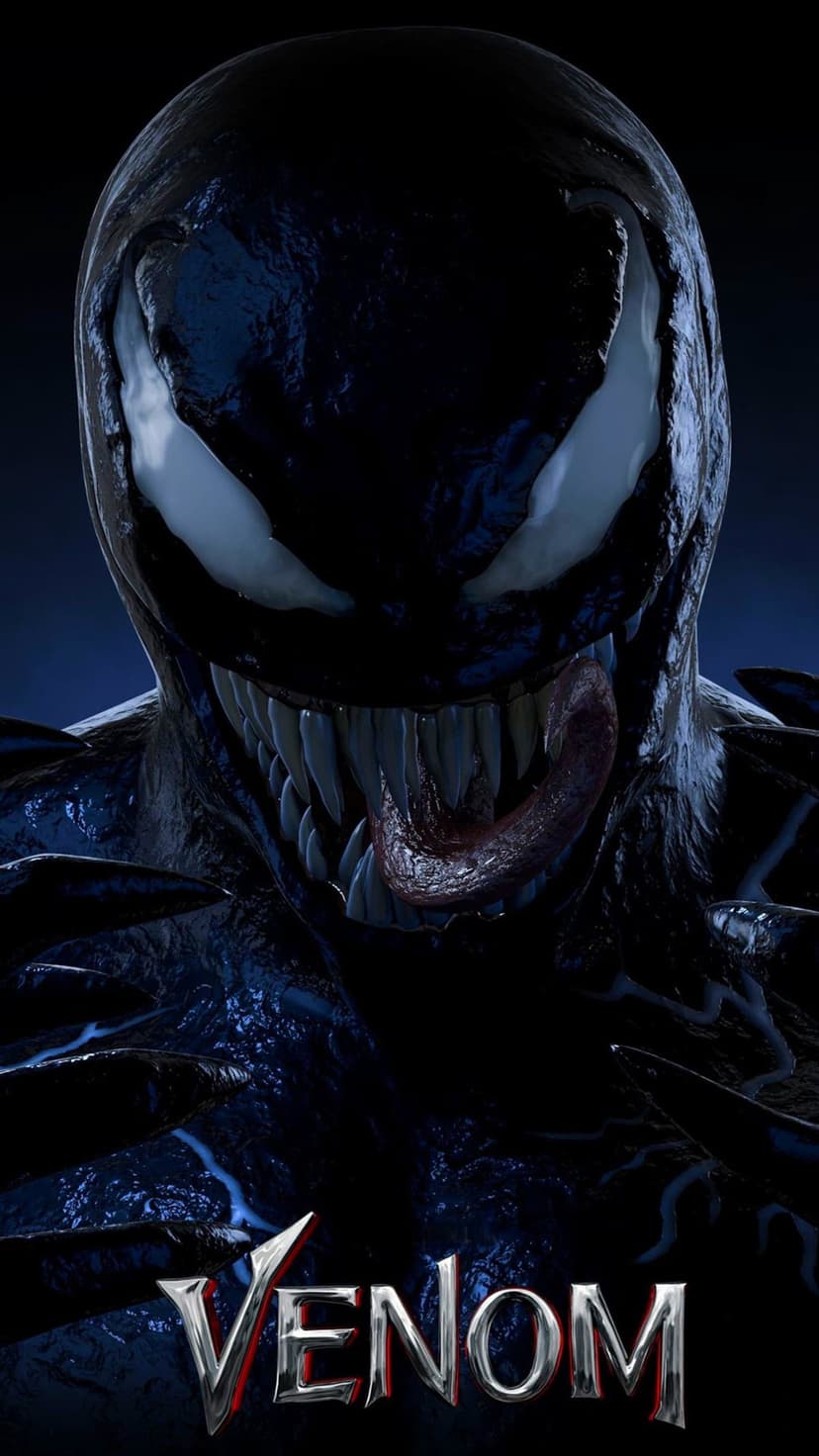 Venom's menacing face with sharp teeth, white eyes, and a long tongue against a dark shadowy background.