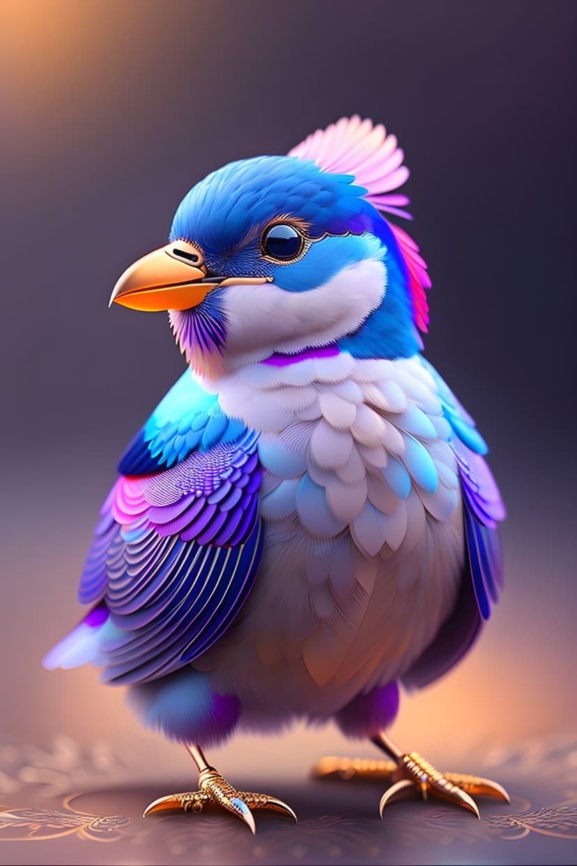 Blue-headed fantasy bird with iridescent violet wings and golden talons stands against a soft purple background.