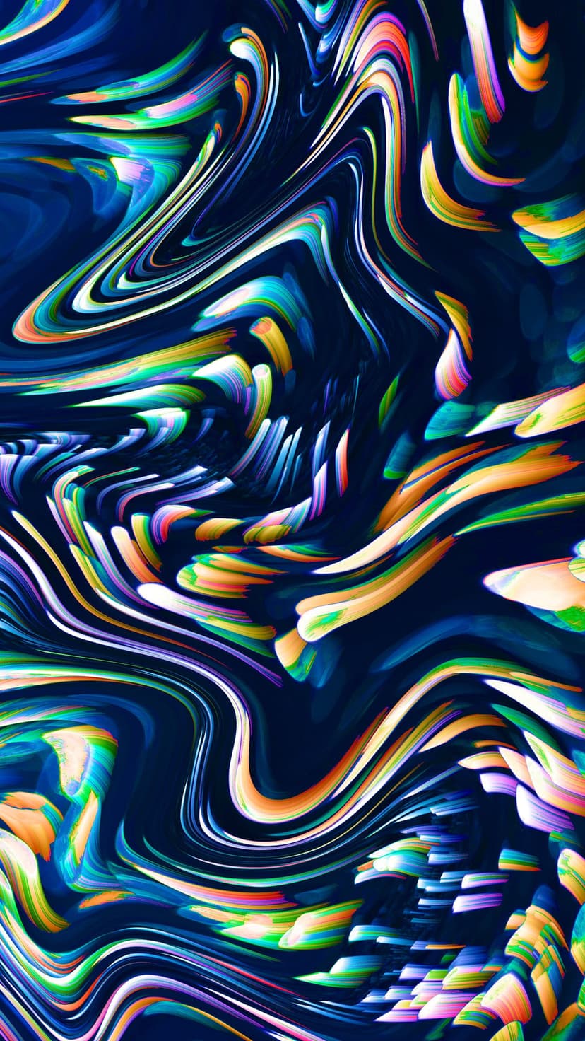 Glowing neon pink, blue, and green ribbons twist in a fluid spiral against a deep dark navy background.