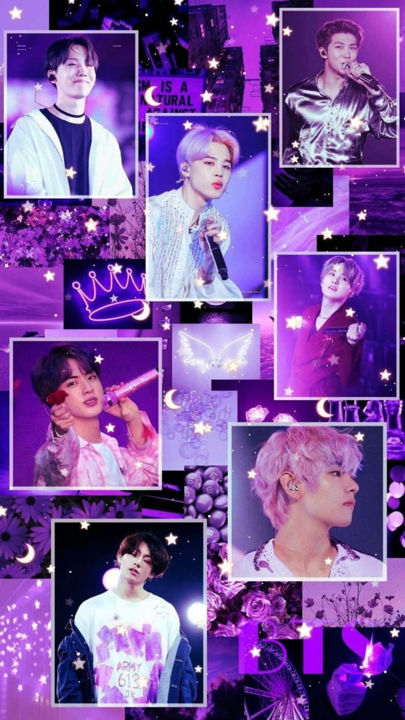 BTS members pose amidst purple flowers and stars in a dreamlike aesthetic arrangement for mobile screen displays.
