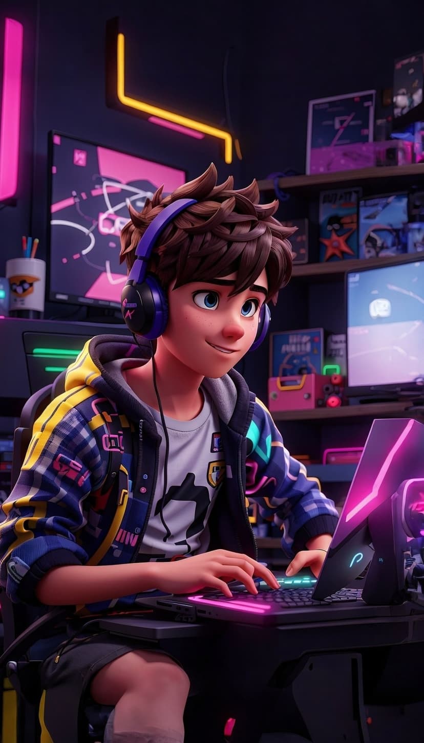 Young boy with brown hair and headphones plays on a laptop in a room filled with neon blue and pink LED lights.