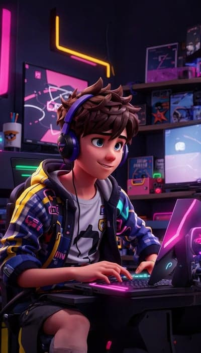 Young Gamer in Neon Room Plays on Laptop