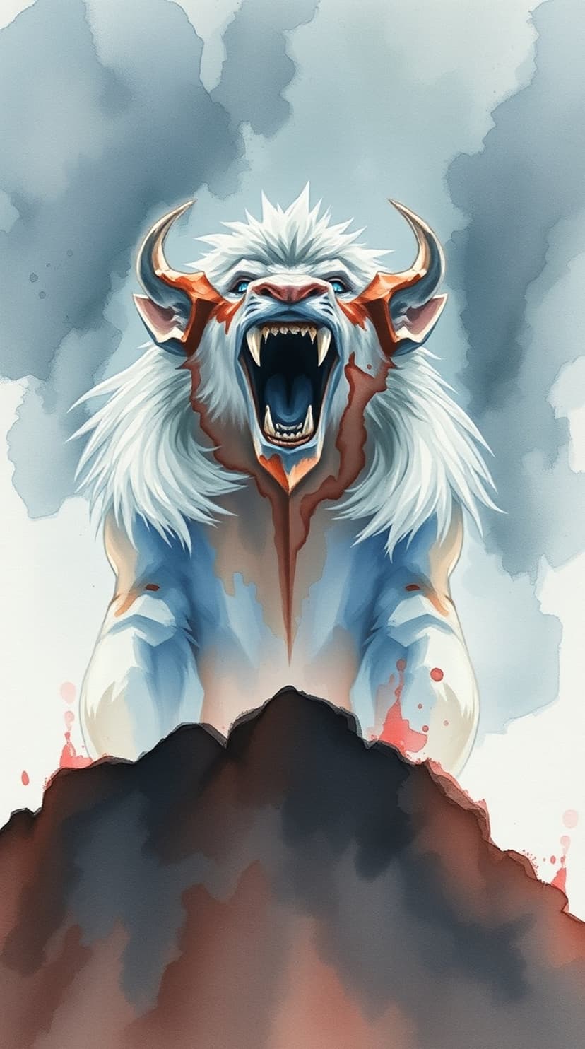 Roaring white beast with bloodstains, glowing blue eyes, and golden horns amidst dark grey smoke and misty clouds.