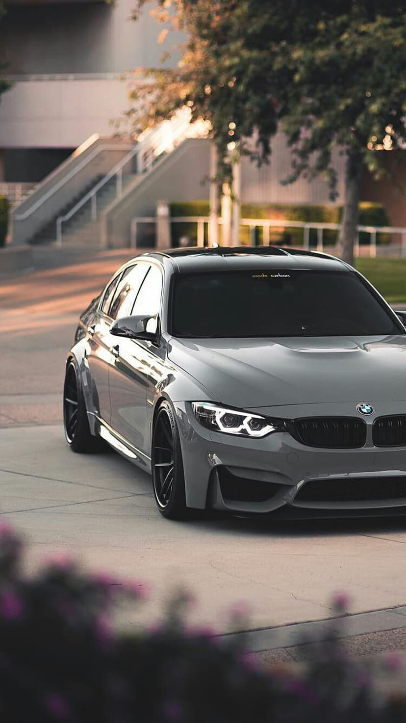 Grey BMW M3 sedan with a widebody kit and black wheels parked behind blurred flowers during golden hour.