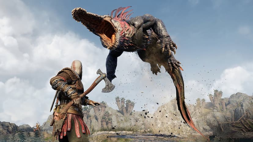Kratos stands with Leviathan Axe as a scaly Dreki monster leaps with an open mouth in a rocky wetland.