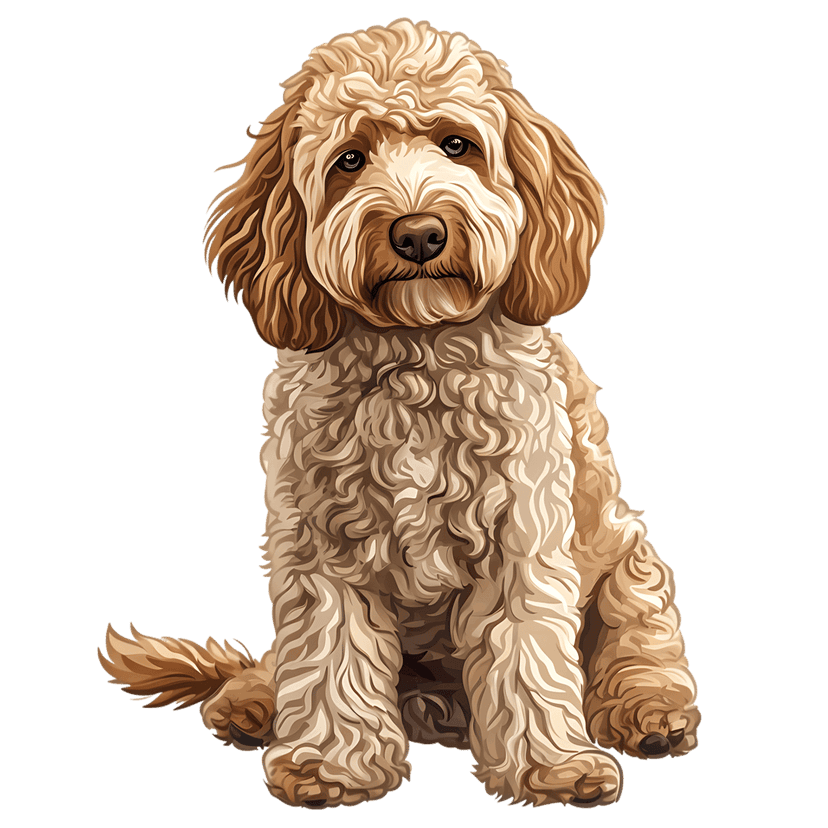 Goldendoodle dog with curly light brown fur sits in a front-facing studio portrait against dark background.