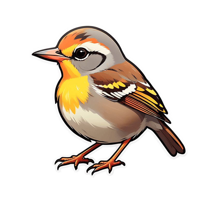 Bird vector graphic with orange head and yellow chest facing left with a thick white die-cut sticker border.