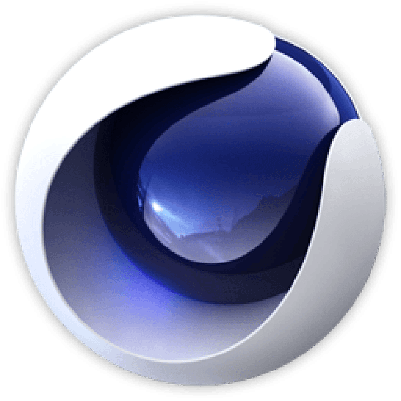Cinema 4D logo features a 3D blue sphere with glossy metallic textures and silver numerals in a perspective view.